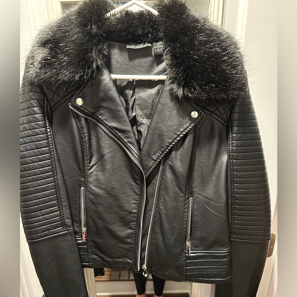 Large black leather jacket with removable fur collar